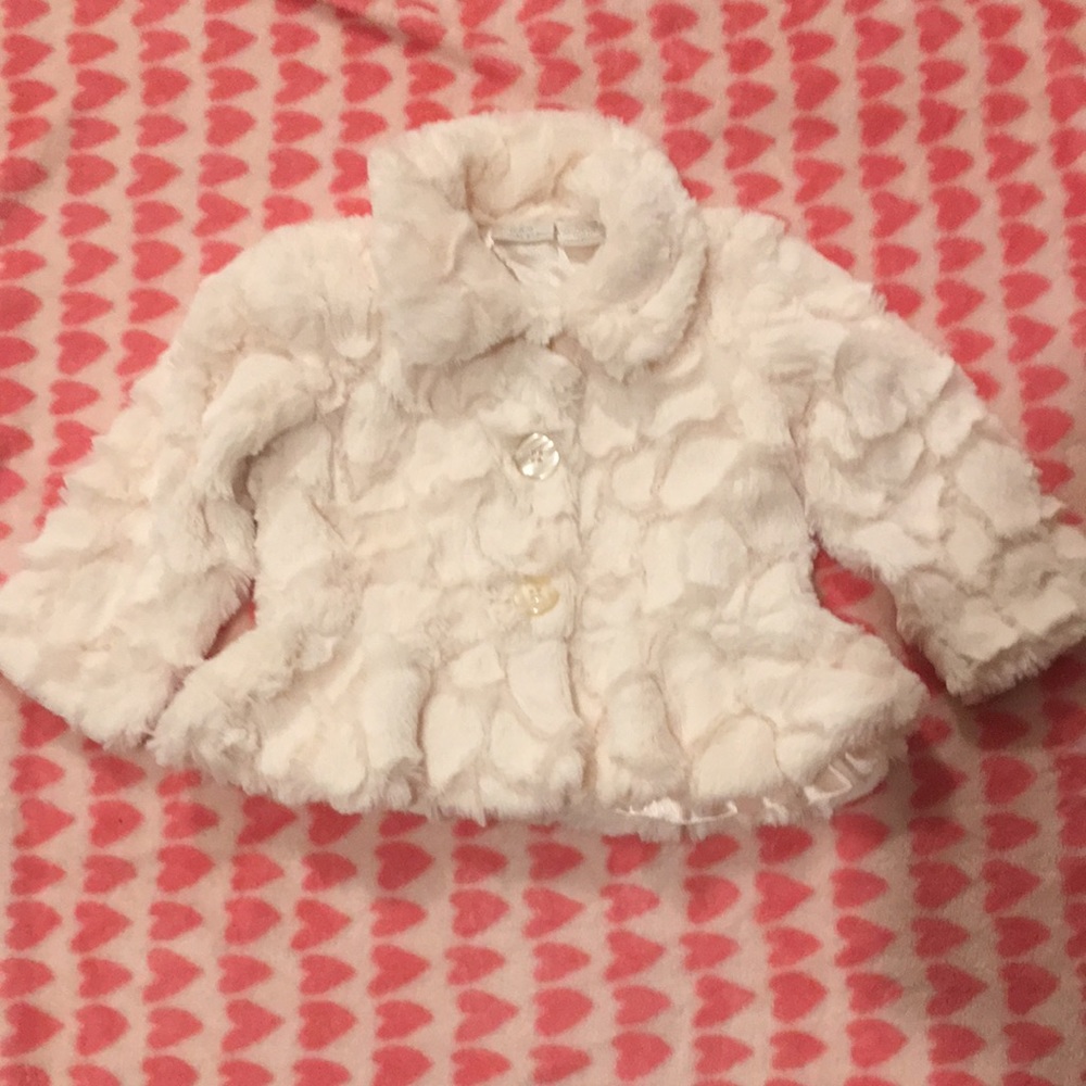 Super cute, off white, faux fur jacket, size 12 months